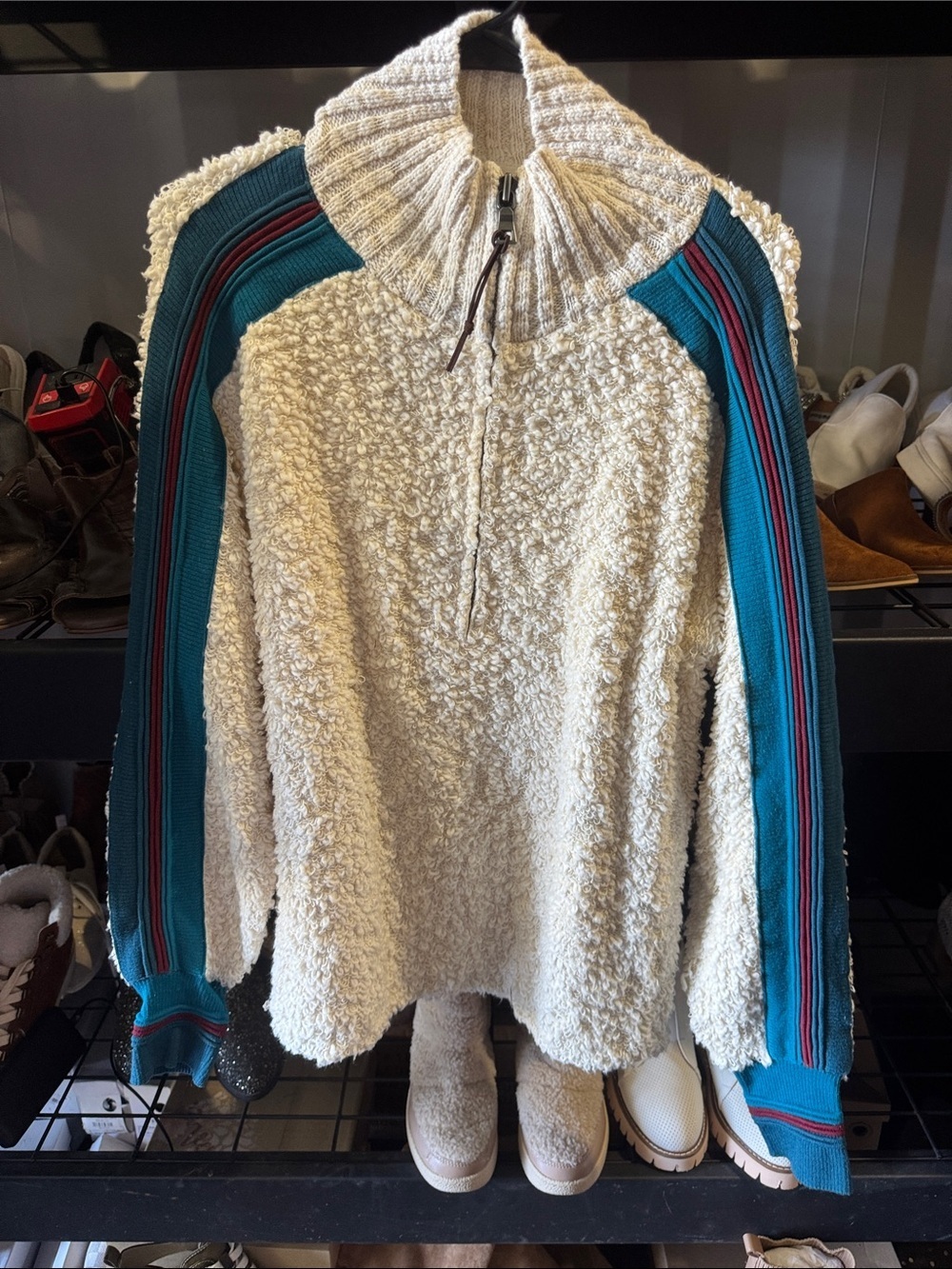 STS Ranchwear Cream Sherpa Pullover with Teal and Burgundy Sleeve Stripes